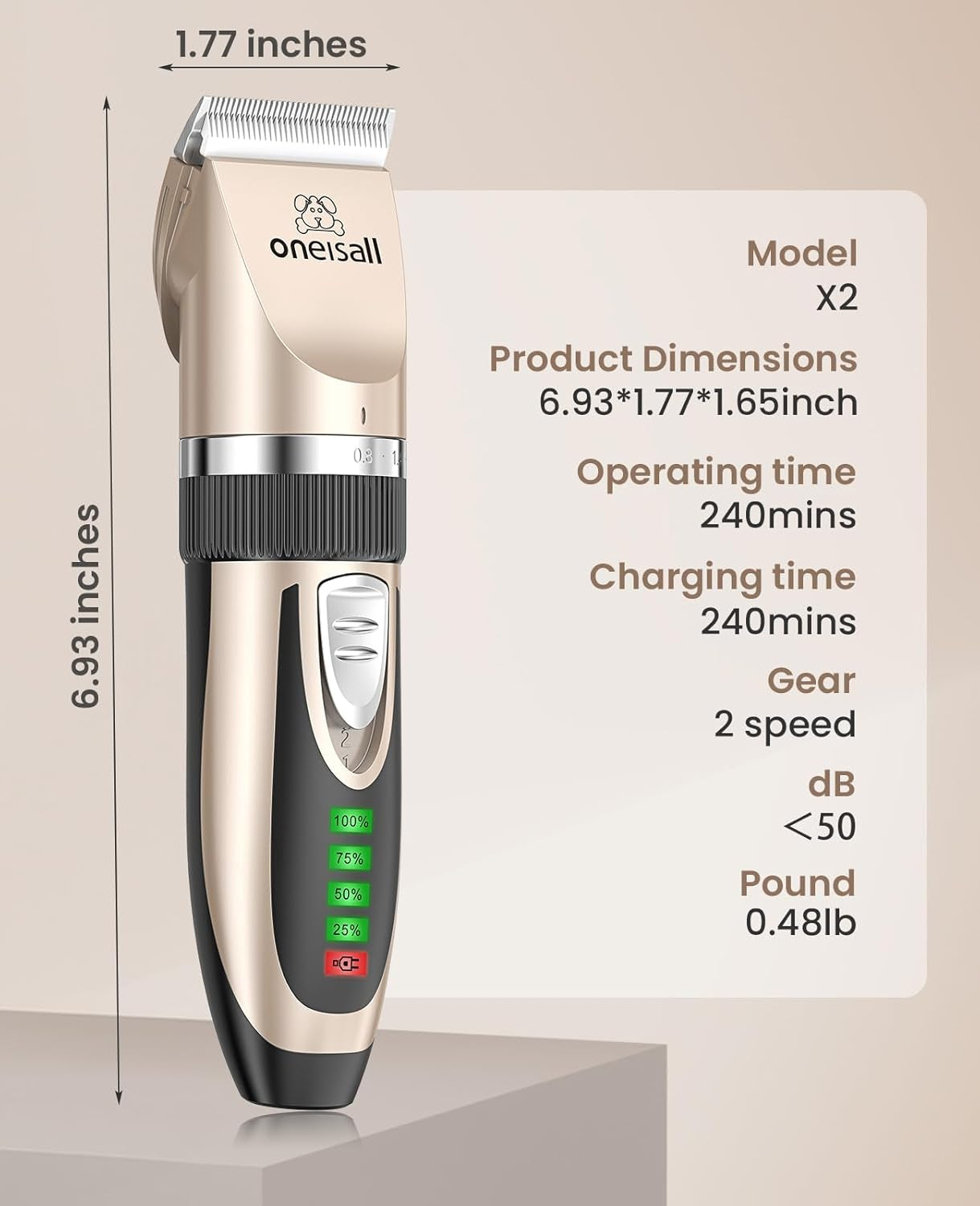 Low-Noise 2-Speed Cordless Pet Clippers – Rechargeable Grooming Kit for Dogs, Cats & More (Gold)